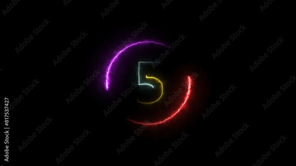 Abstract countdown five number, cyan and lime green color, neon light illustration. Black background red and magenta circle 4k illustration.
Abstract countdown five number, cyan and lime green color, neon light illustration. Black background red and magenta circle 4k illustration.
