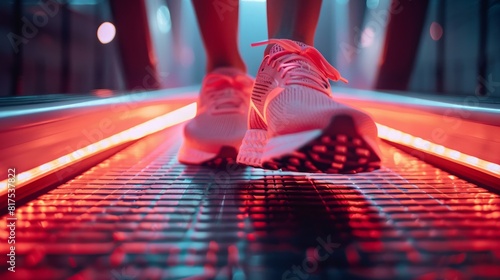 Close-up of running shoes on illuminated treadmill in modern fitness center photo