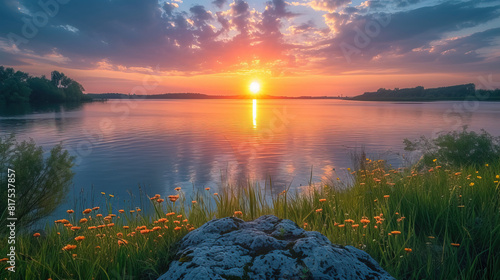  Beautiful Sunset Over A Calm Lake With Reflections, Surrounded By Greenery And Flowers photo