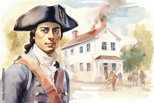 Expressive watercolor illustration of a revolutionary reenactment, featuring a soldier in colonial attire, musket in action, against a historic war backdrop.
