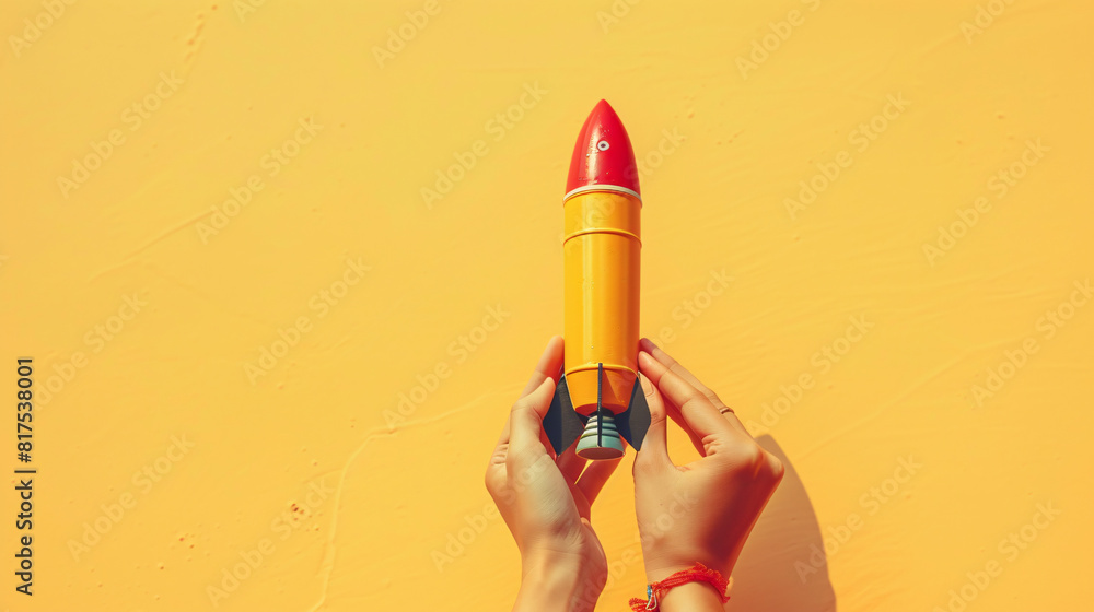 In a minimalist scene of innovation, a space rocket takes flight from the palm of a woman's hand against a solid color background. This visually striking image captures the idea of human ingenuity In a minimalist scene of innovation, a space rocket takes flight from the palm of a woman's hand against a solid color background. This visually striking image captures the idea of human ingenuity