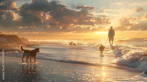 Peaceful Dog Walker Strolling on Tranquil Beach at Sunset with Joyful Canine Companions photo