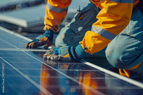 Engineers installing state-of-the-art solar panels, paving the way for a sustainable energy future