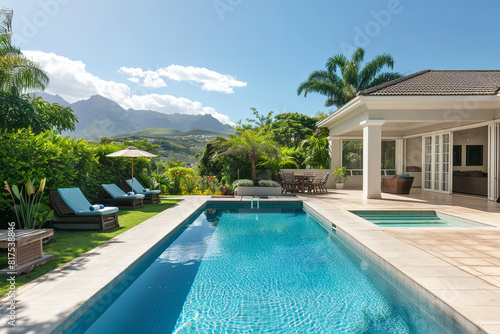 Stunning house with a pristine pool  viewed from the veranda on a perfect summer day