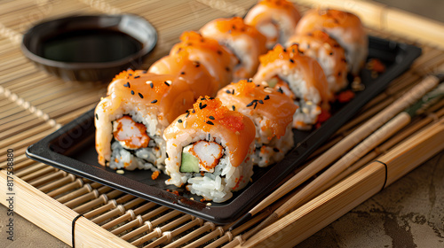 A tray of sushi rolls with soy sauce and chopsticks on a bamboo mat