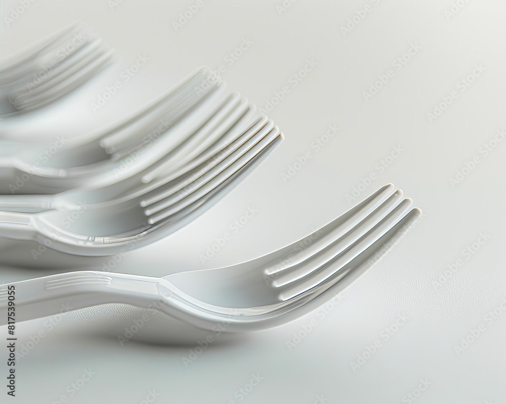 Closeup of plastic cutlery set against a bright white background, focus on sleek design and disposable nature Closeup of plastic cutlery set against a bright white background, focus on sleek design and disposable nature