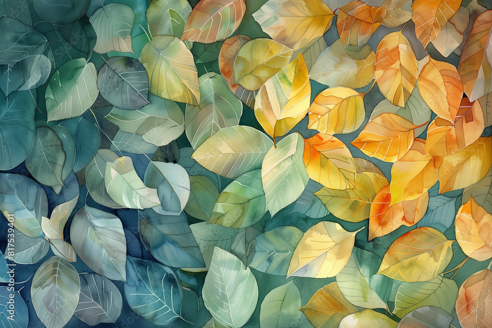 Watercolor painting of yellow and green leaves Watercolor painting of yellow and green leaves