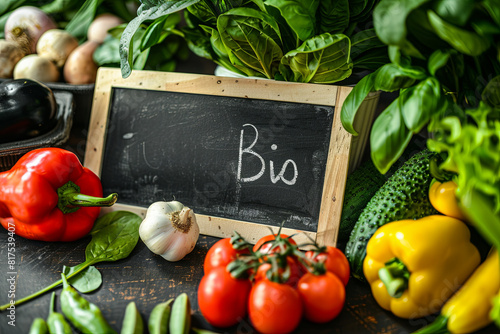 Regional organic food store, farmers market, supermarket, vegan food background - chalkboard panel with the text " Bio " and fresh healthy vegetables on table