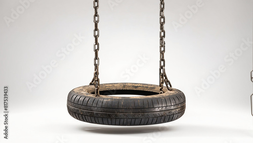 an old tire hanging from two chains against a white background. photo