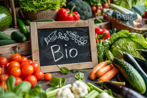 Regional organic food store, farmers market, supermarket, vegan food background - chalkboard panel with the text 