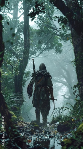 A movie poster of a spanish conquistador in a chiloe forest, fog and rain photo