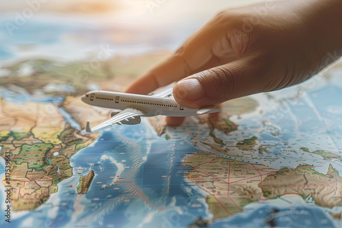 Hand holding a model airplane pointing towards a stylized map, representing the concept of travel and global connectivity photo