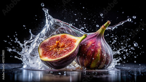 A fresh fig with water splashing around it on a black background
