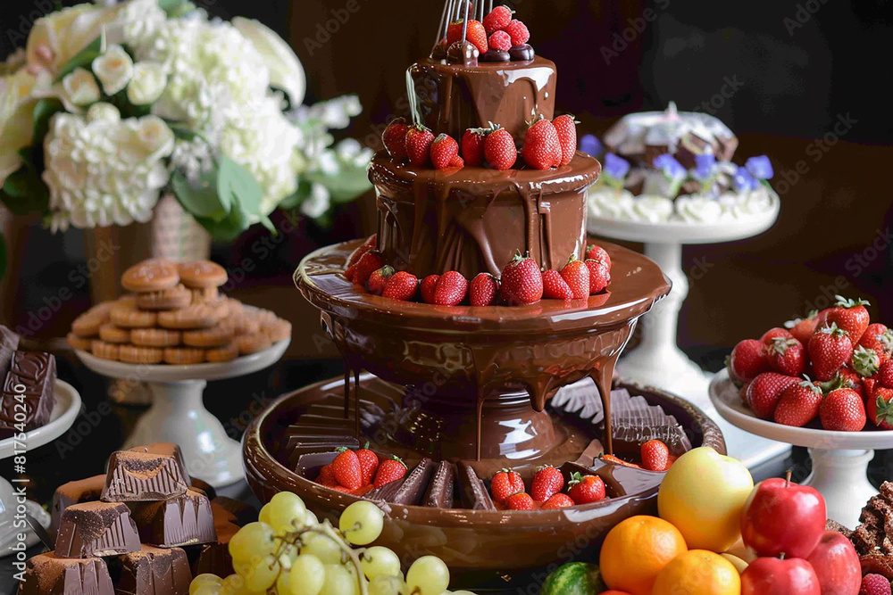 A decadent chocolate fountain cascading with velvety streams of rich cocoa, surrounded by an assortment of tempting treats and fruits.