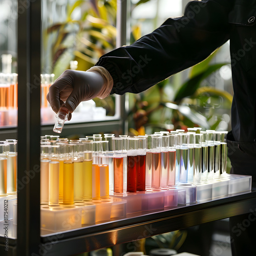 A scientist is doing an experiment in a glass room and there are test tubes on the table. In the test tubes there is water of various colors in the tubes. © Wanchai