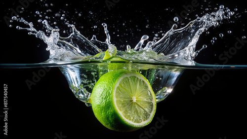 A fresh lime falling into water with a splash against a black background