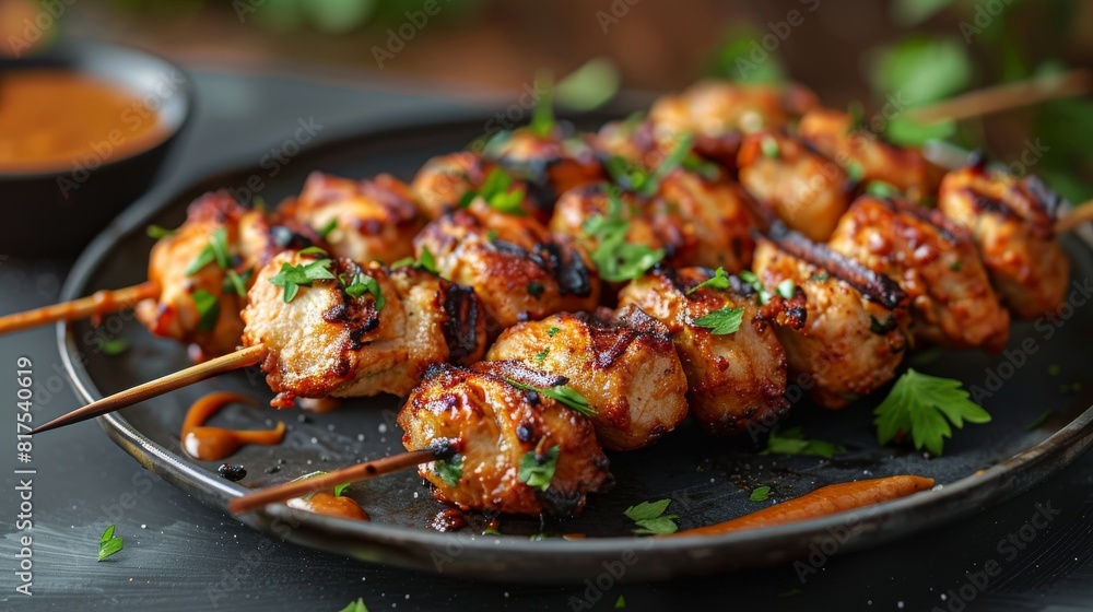 Close-up of deliciously grilled chicken skewers garnished with fresh parsley, served on a black plate with dipping sauce. Close-up of deliciously grilled chicken skewers garnished with fresh parsley, served on a black plate with dipping sauce.