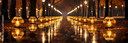 Enchanting Night Alleyway with Lanterns and Fallen Leaves