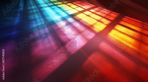 A stunning display of vibrant rainbow-colored light streaming through a window  casting colorful shadows on the floor.