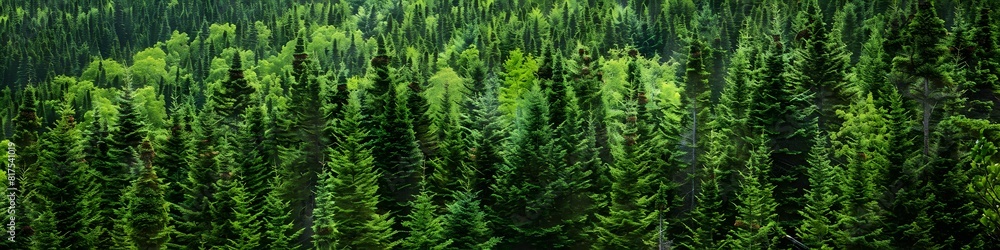 Healthy green trees in a forest of old spruce, fir and pine. landscape 