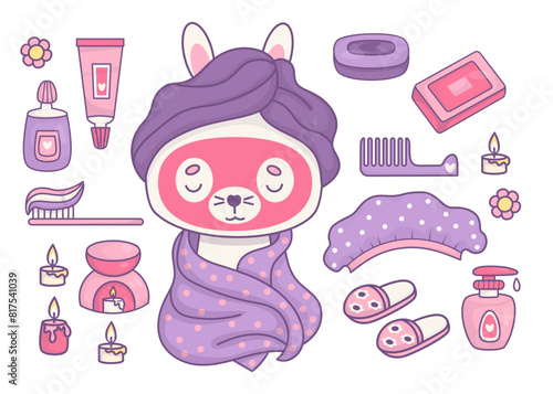 Shower cosmetics and spa treatments. Cute cartoon rabbit wrapped in towel with mask on face. Soap, cream, shower cap, slippers, toothbrush with toothpaste and comb. Isolated vector elements.