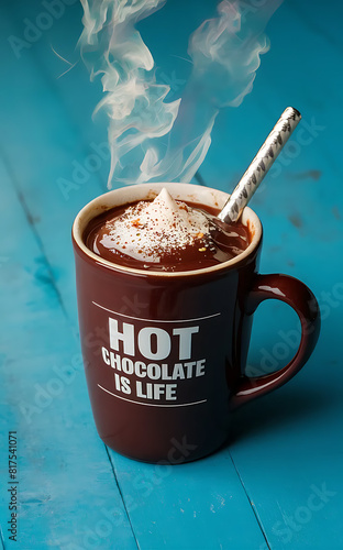 Cup of chocolate with milk drop, Close-up of coffee cup on table, Macro shot of hot chocolate, catchphrase  hot chocolate is life. photo