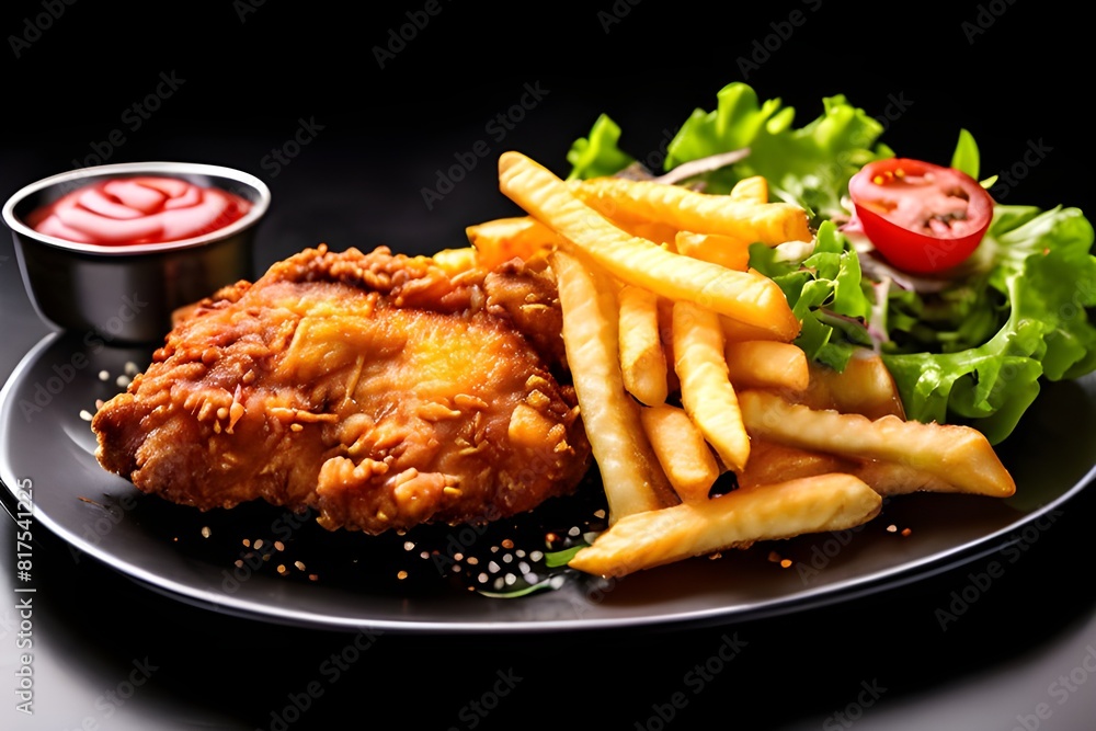 Fried chicken fillet with french fries and salad on black background. Fried chicken fillet with french fries and salad on black background.