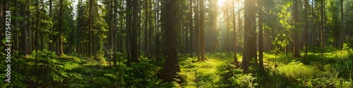 Healthy green trees in a forest of old spruce, fir and pine. landscape  photo