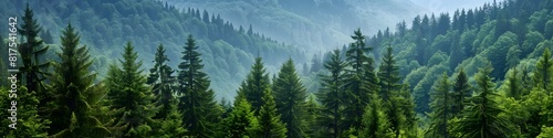 Healthy green trees in a forest of old spruce, fir and pine. landscape  photo