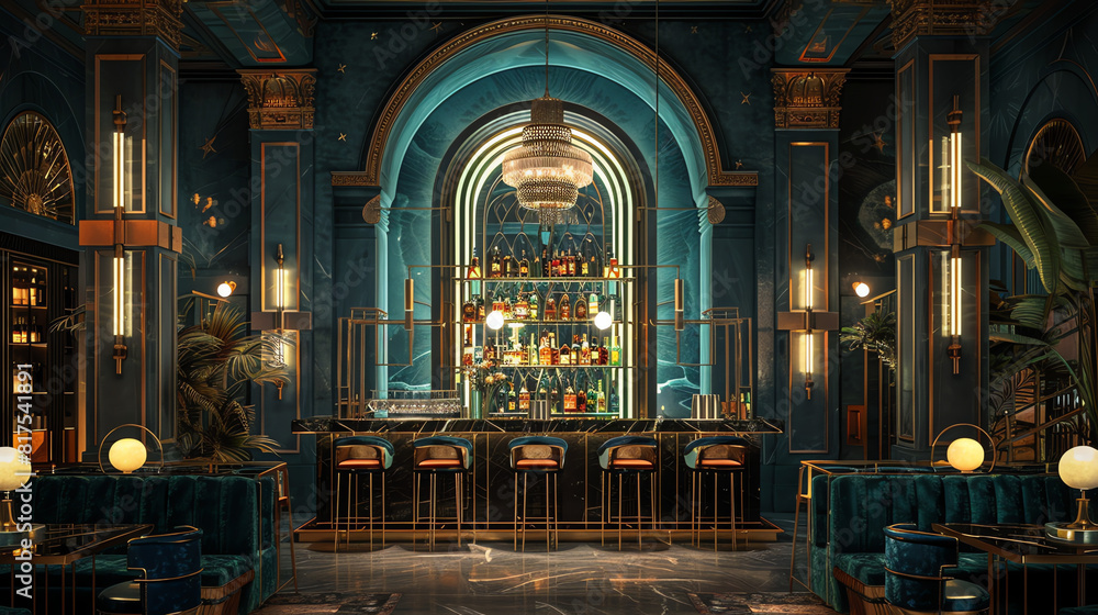 Fototapeta premium Elegant bar interior with lush decor and ambient lighting in an upscale establishment during evening hours