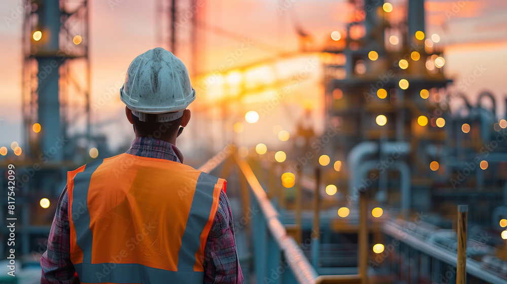 Worker In Safety Gear Observing A Large Industrial Plant At Sunset Worker In Safety Gear Observing A Large Industrial Plant At Sunset