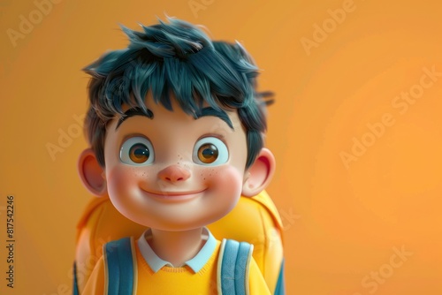 A cartoon boy with a backpack and a yellow shirt is smiling