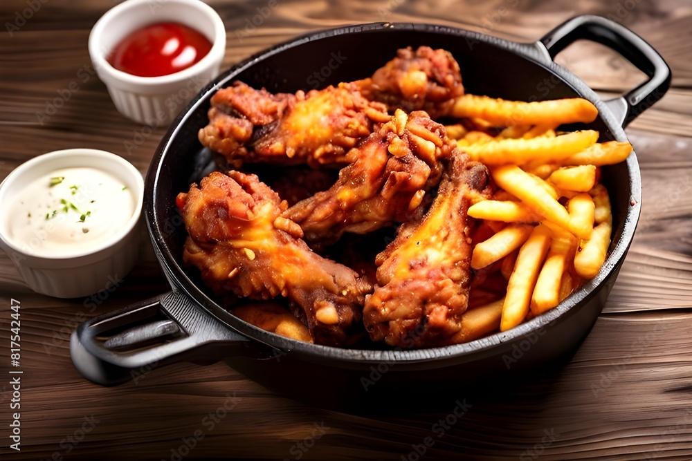 Fried chicken wings with french fries in frying pan on wooden background. Fried chicken wings with french fries in frying pan on wooden background.