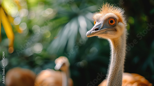  Close-Up Of A Young Ostrich With Fluffy Feathers And Big Eyes Surrounded By Lush Greenery