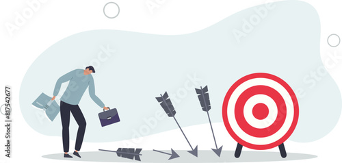 businessman holding book look at missed target arrow learning or studying mistakes.flat vector illustration.