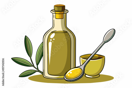 Olive oil bottle and spoon vector illustration 