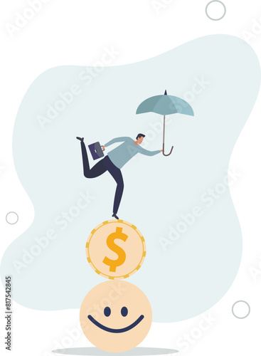 businessman holding umbrella balancing himself on stack of smile face and dollar coin.flat vector illustration. photo