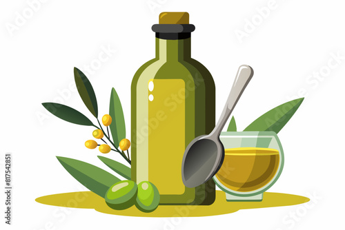 Olive oil bottle and spoon vector illustration 