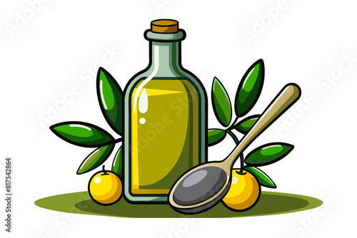 Olive oil bottle and spoon vector illustration 