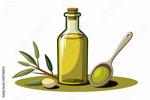 Olive oil bottle and spoon vector illustration 