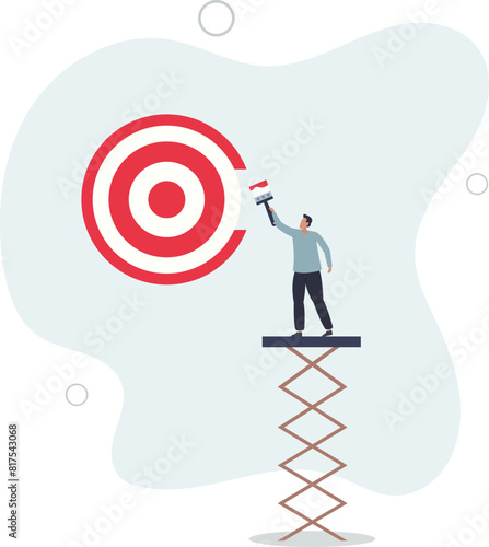 ambitious businessman on ladder using paint roller to paint big dartboard, archery target.flat vector illustration.