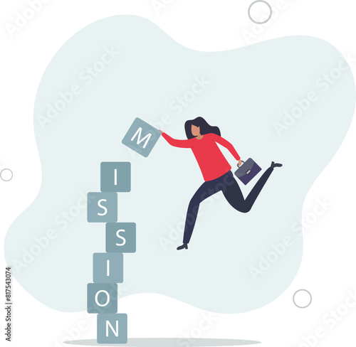 skillful businesswoman hanging from above manage to complete mission blocks.flat vector illustration.