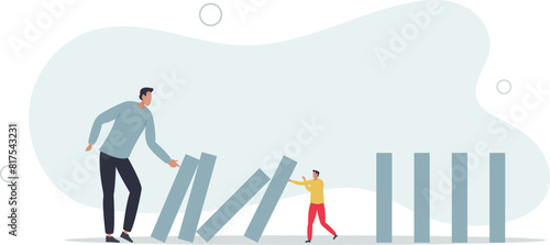 businessman stop risk of domino effect from threats and disaster.flat vector illustration.