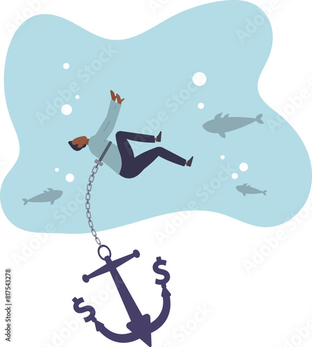 businessman investor drowning with sinking dollar money anchor.flat vector illustration.