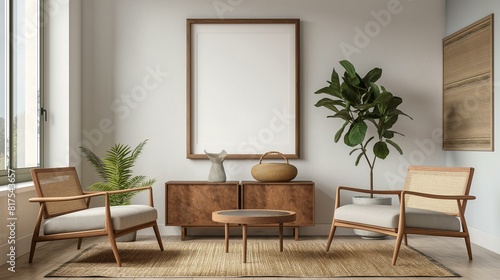 Mid-Century Interior Mockup Of Modern Living Room With Wooden Furniture And Plants