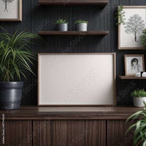 A landscape white A4 frame mockup on dark wood shelf  modern rustic home interior design  wooden shelves  contemporary house environment