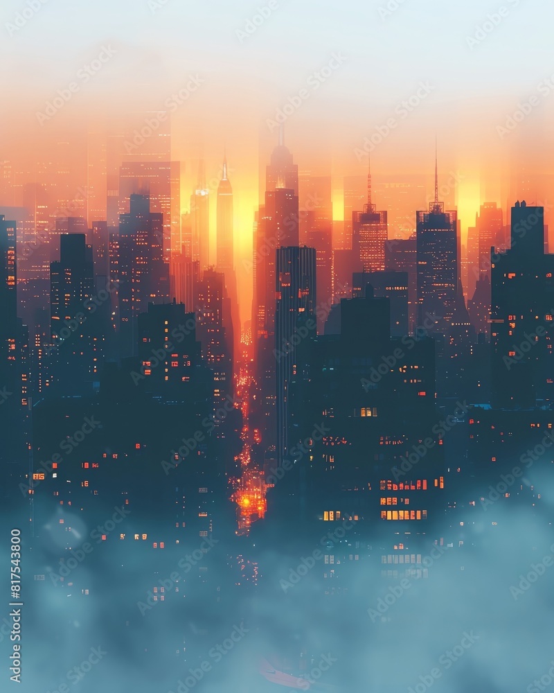 A beautiful sunset over a foggy city