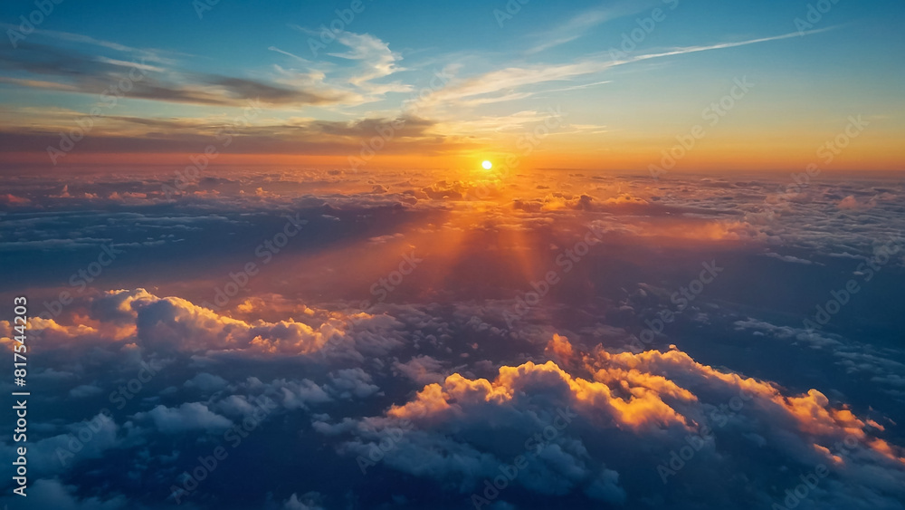 Obraz premium view of sky and clouds - The view of the sky and the pattern of clouds during the flight (Golden Time) from the airplane window