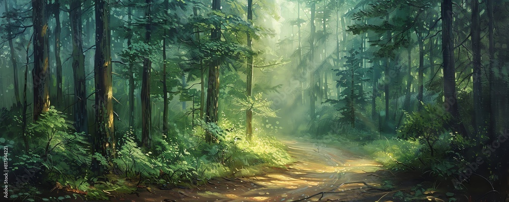 Naklejka premium A beautiful painting of a lush green forest with sunlight streaming through the trees. The path leading into the forest is inviting and mysterious.