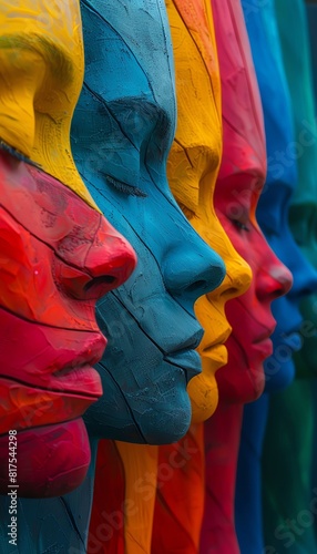 A row of colorful 3D printed head sculptures with their eyes closed. The colors are red  yellow  blue  green  and pink.